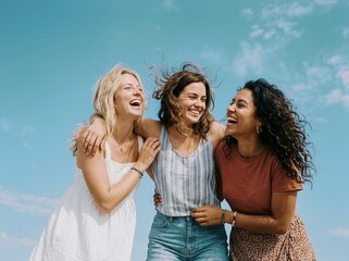 Obraz premium Three women laughing together outdoors under a bright blue sky on a sunny summer day