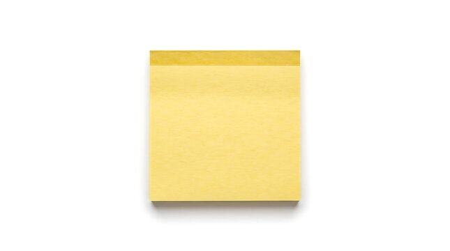 Yellow sticky note pad, top-down flat lay view, isolated on pure white background, hyperrealistic studio product photography