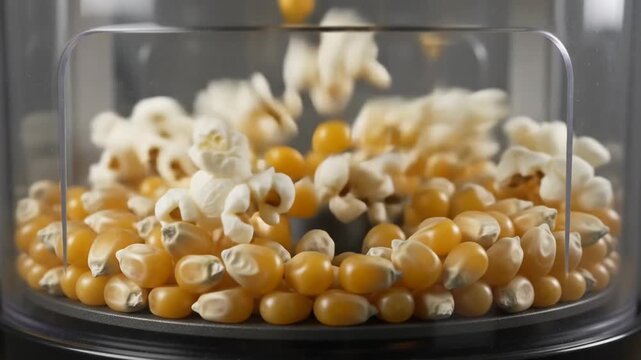 Yellow Corn Kernels Heating Up and Popping into Popcorn Inside a Clear Machine