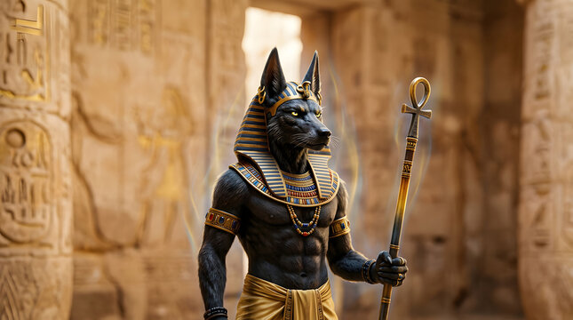 Egyptian Anubis deity statue in ancient temple setting