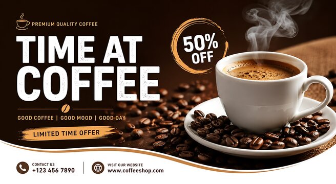Coffee shop promotional banner with steaming cup, roasted coffee beans background, 50 percent off discount offer for cafe marketing