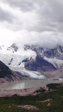 Aerial view of glacier and lake in Patagonia Argentina