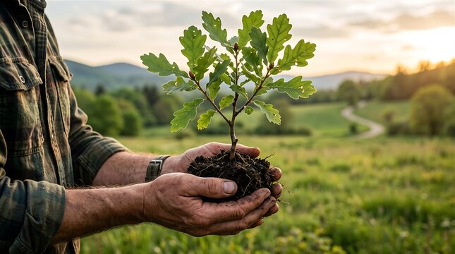 Farmer Holding Young Oak Tree Sapling in Open Field