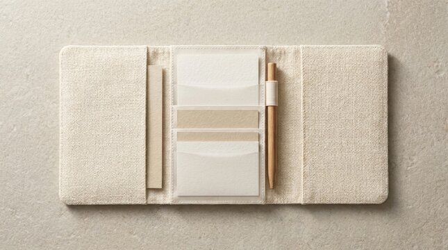 Minimalist beige planner with pen and sticky notes on a textured background.