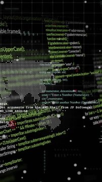 Animation of data processing over world map and globe on black background