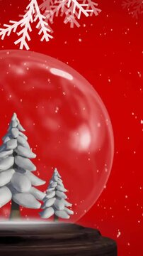 Animation of snow falling over christmas snow globe with trees in winter scenery