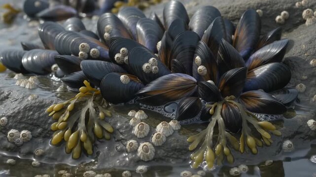 Blue Mussels Clustered On A Wet Rock With Barnacles And Seaweed