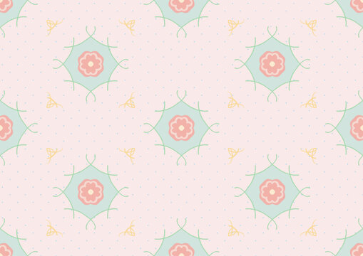Cute Pastel Seamless Pattern with Vintage Pink Floral Medallions and Swirls on Pink Polka Dot Background