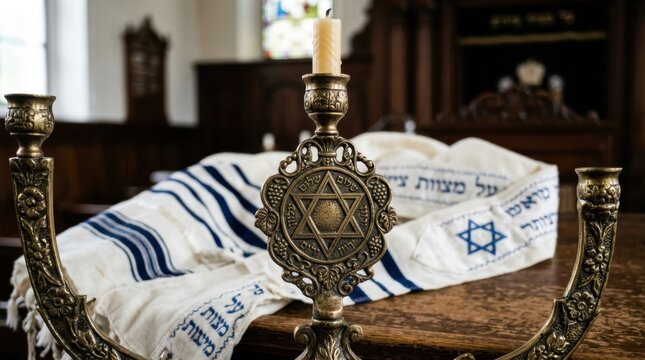 Decorative jewish menorah with a tallit prayer shawl on a wooden table for religious holiday celebration