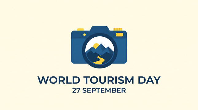 World Tourism Day 27 September Logo Design Concept. Camera with mountains in viewfinder. Blue and yellow flat vector illustration for travel industry