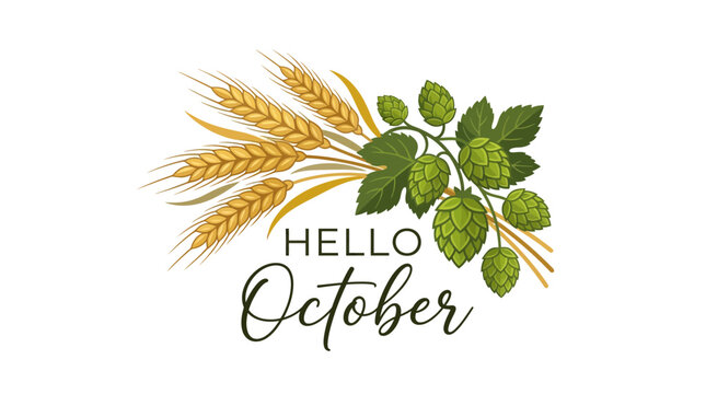 Hello October Banner with Wheat Ears and Green Hops Vector