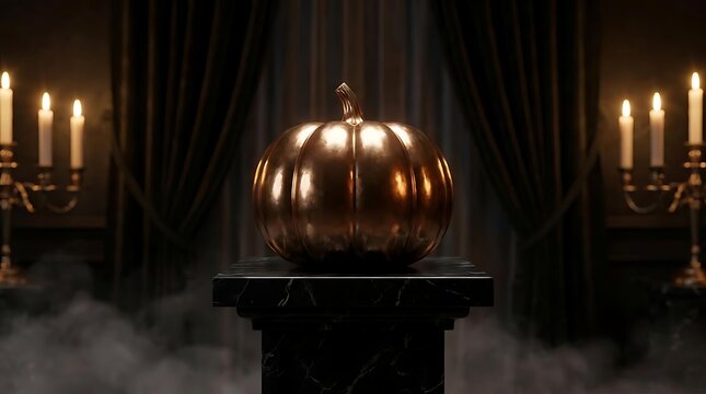 Bronze pumpkin on marble pedestal with candlelight and fog