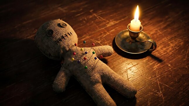 Burlap voodoo doll with pins and lit candle