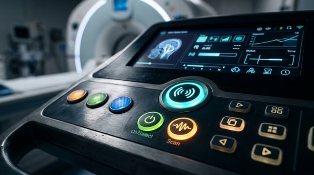 Modern MRI scanner control panel with digital screen and glowing buttons