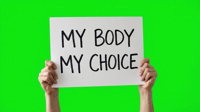 Hands holding a banner sign with the text my body my choice on a green screen chroma key background