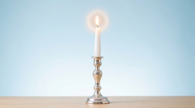 A single lit white candle in a vintage silver candlestick holder standing on a wooden surface with blue background