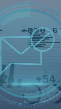 Animation of neon message icon and statistical data processing against grey background