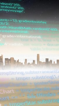 Animation of computer language over river and skyscrapers against sky