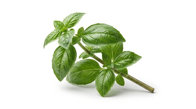 Sprig of basil leaves, 45-degree angle view, isolated on pure white background, hyperrealistic studio product photography
