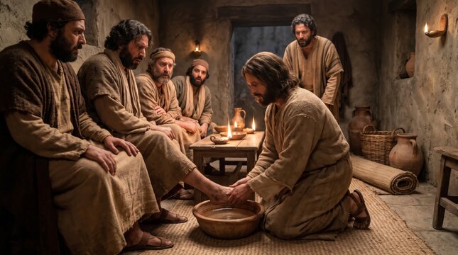 Jesus Washes Disciples Feet Inside a Candlelit Stone Room