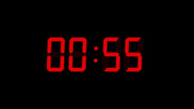Red Digital Countdown 1 Minute (60 Seconds) Timer on Black Background
