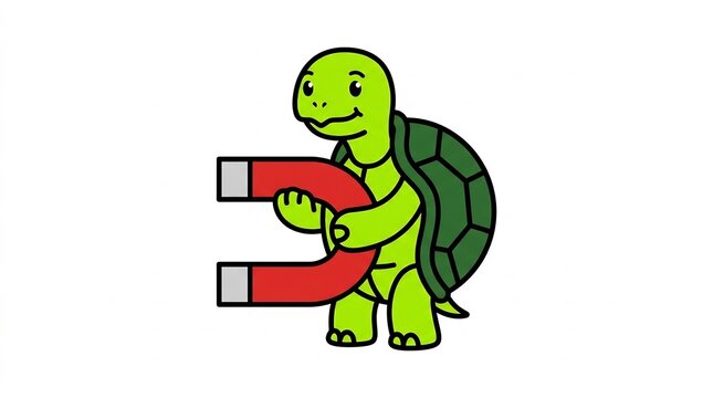 Cute turtle character holding a big red horseshoe magnet