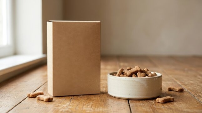 Pet food packaging and bowl with treats on wooden floor.
