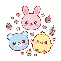 Fototapeta premium Adorable kawaii cartoon animals with pastel colors surrounded by hearts, cupcakes, and stars for cheerful branding and digital content