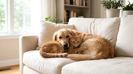 Plakat Adorable Golden Retriever dog and ginger cat cuddling together on a cozy sofa in a bright living room