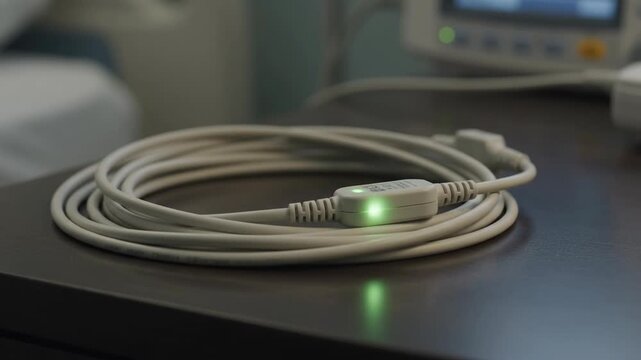Coiled Medical Sensor Cable with Green LED Indicator on Hospital Table