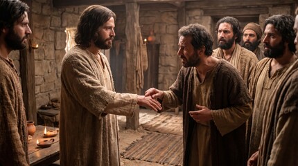 Obraz premium Jesus Greets a Man Inside Candlelit Stone Shelter