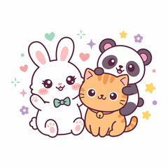 Fototapeta premium Adorable cartoon animals trio with bowtie rabbit, panda, and cat sitting together in cheerful kawaii style