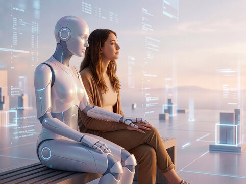 Young woman and humanoid robot sitting together looking into future, concept of artificial intelligence psychological support and virtual assistance 