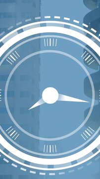 Animation of ticking clock icon against view of tall buildings