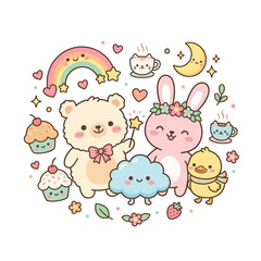 Fototapeta premium Adorable cartoon animals celebrating with pastel treats and dreamy accessories in a whimsical fairy setting