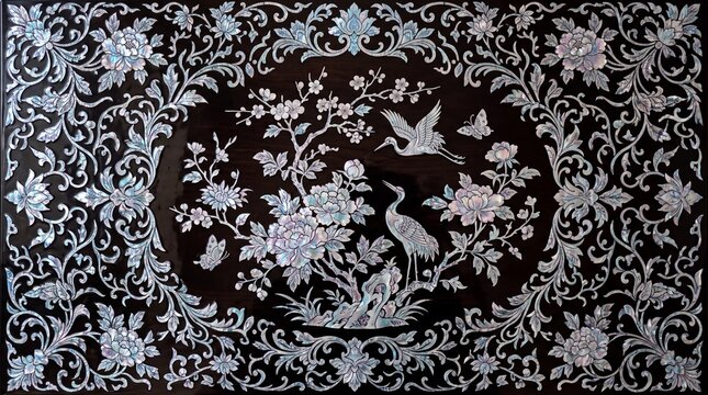 Traditional Asian Mother of Pearl Inlay Lacquerware Panel