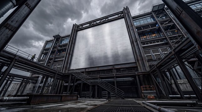Massive Industrial Factory Building with Blank Steel Screen