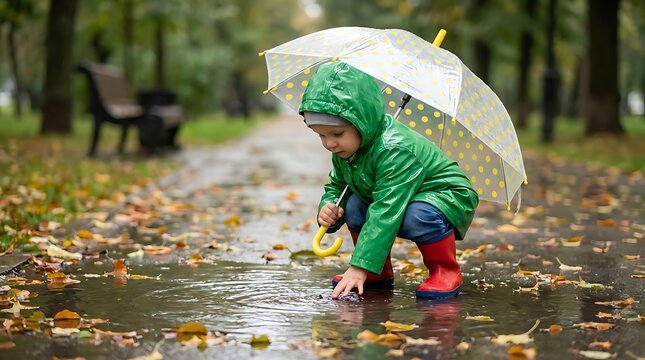 Child in green raincoat playing in puddle with umbrella