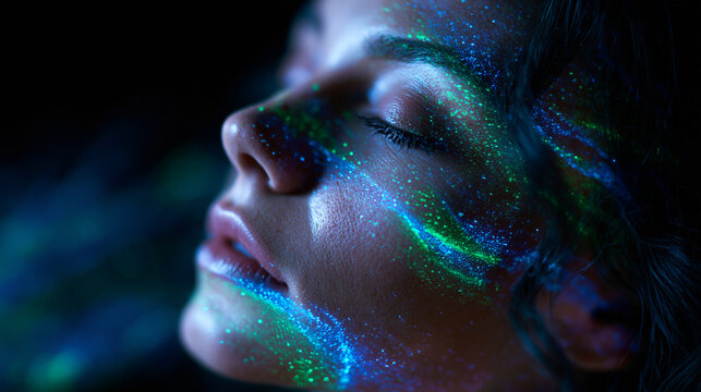 Woman Face with Projected Glowing Neon Light Patterns