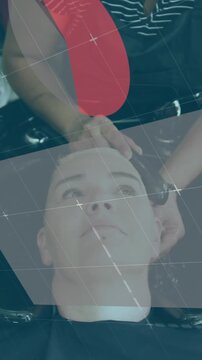 Animation of statistical data processing against caucasian womam getting a hair wash at salon