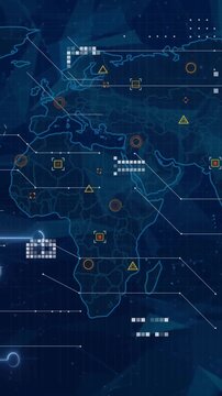 Animation of circuit board, world map and data processing over blue background