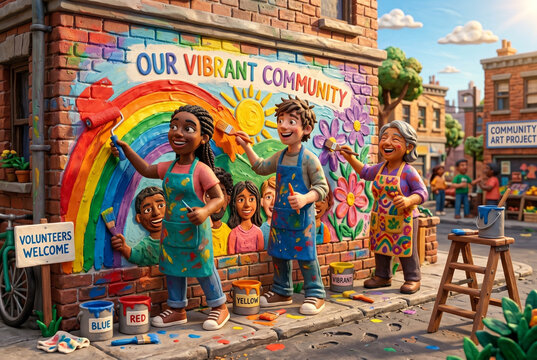 Diverse Volunteers Painting Colorful Community Art Mural Outdoors