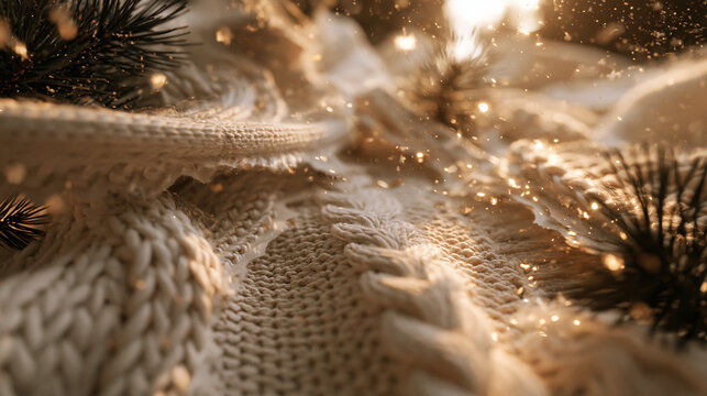 Cozy Knitted Blanket with Pine Needles and Sparkling Lights
