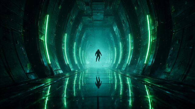 Astronaut Floating in Futuristic Sci-Fi Spaceship Corridor