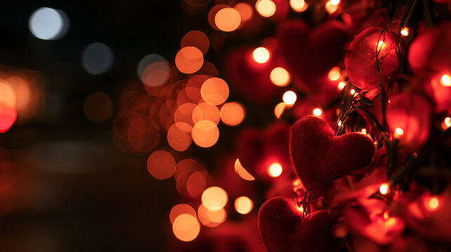 Red Hearts with Glowing Fairy Lights and Bokeh Background