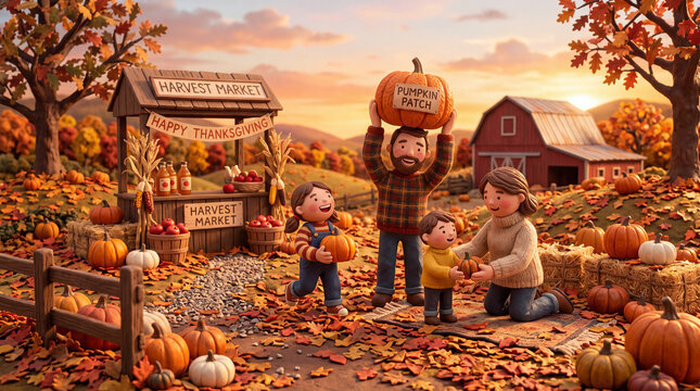 Happy Family at Autumn Harvest Market and Pumpkin Patch