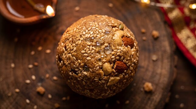 Traditional Til Laddu with sesame seeds and nuts. Indian festive sweet on wooden board. Tilgul dessert for Makar Sankranti celebration.