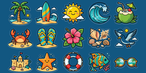 Fototapeta premium Summer vacation sticker set with tropical elements including palm tree surfboard cocktail for beach holiday activities.