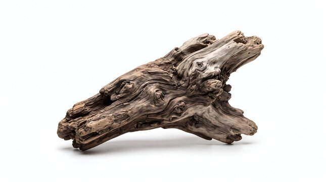 Piece of driftwood, 45-degree angle view, isolated on pure white background, hyperrealistic studio product photography