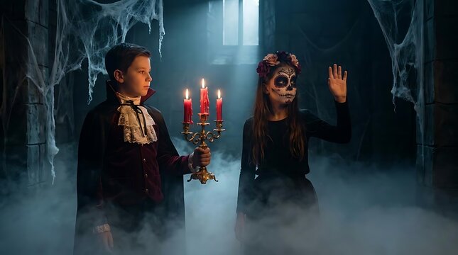 Children wearing halloween costumes in misty room
